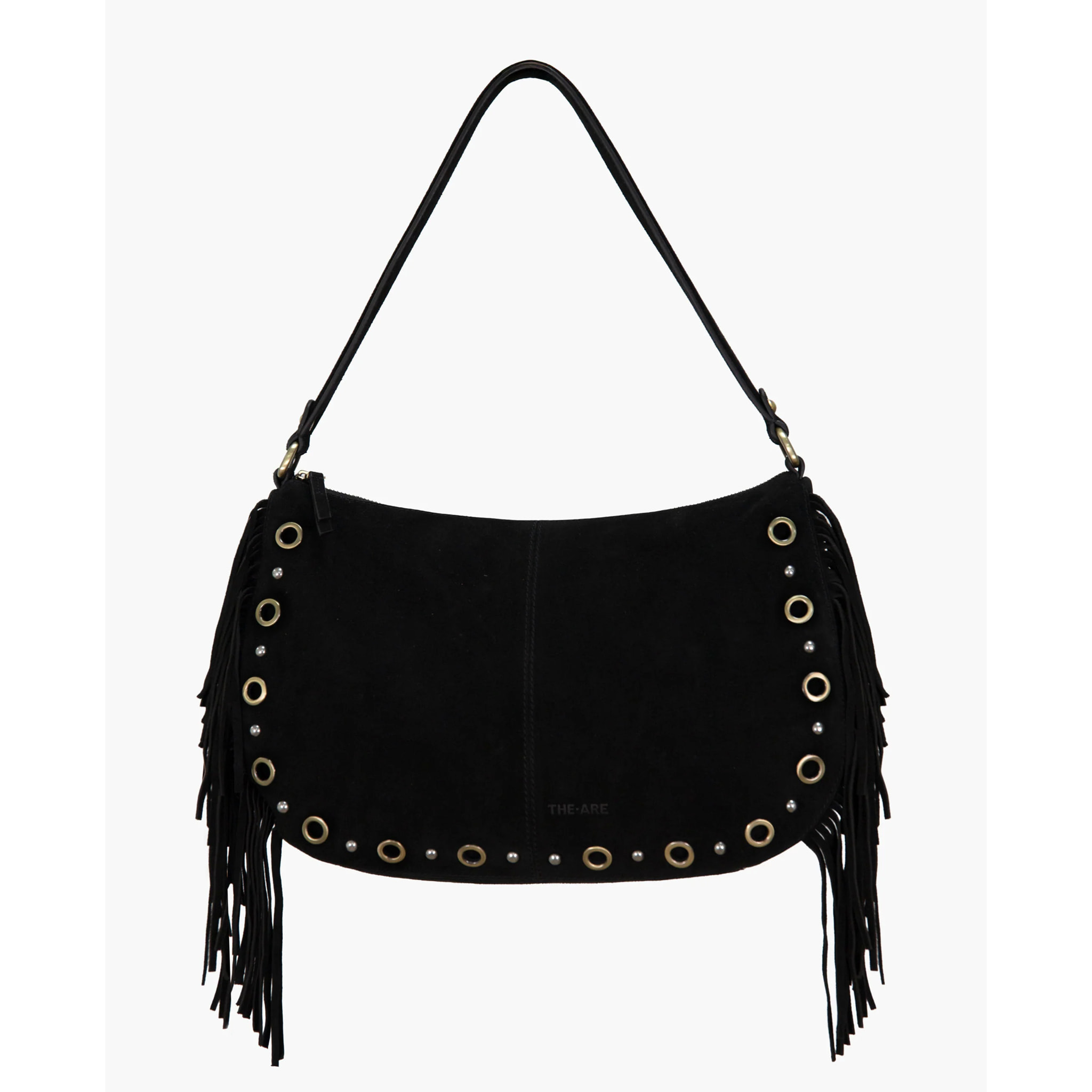 Bolso grande de ante negro con flecos y tachuelas doradas