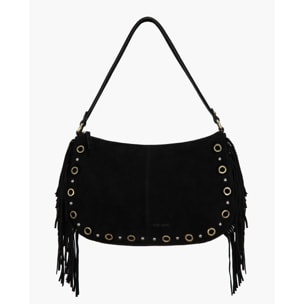Bolso grande de ante negro con flecos y tachuelas doradas