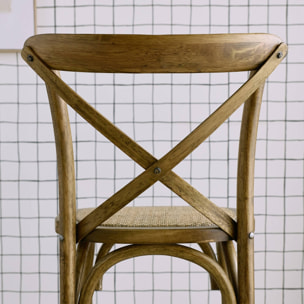 Tabouret de bar bistrot vintage en bois marron vieilli avec repose-pieds