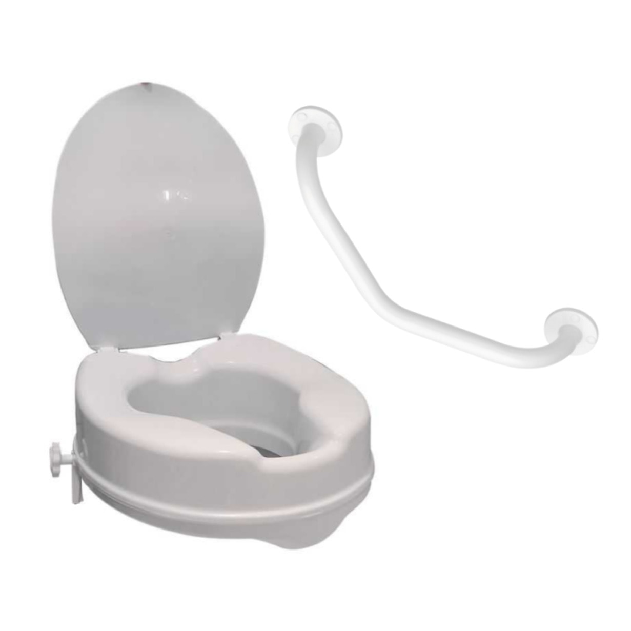 Réhausse WC PMR PELLET plastique blanc avec abattant 10 cm + Barre de maintien coudée PMR PELLET Essentiel