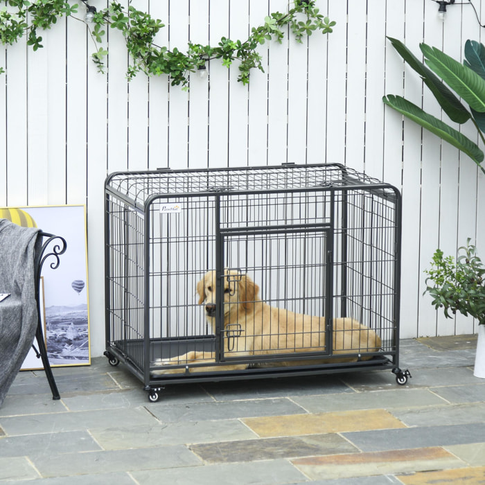 Cage pour chien pliable cage de transport sur roulettes 2 portes verrouillables plateau amovible dim. 109,5L x 71l x 78H cm métal gris noir