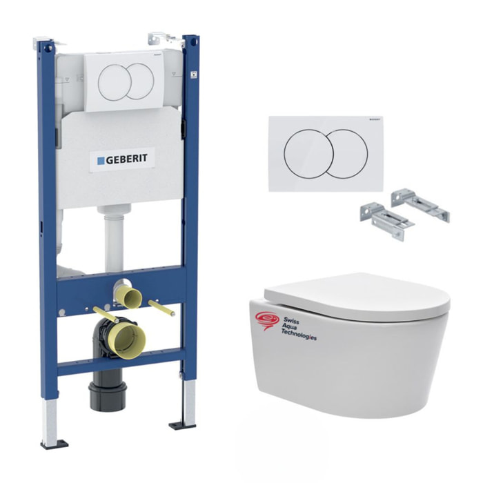 Pack Bati-support Geberit 112cm + Cuvette Swiss Aqua Technologies sans bride + Plaque blanche (SATrimlessGeb3-RT)