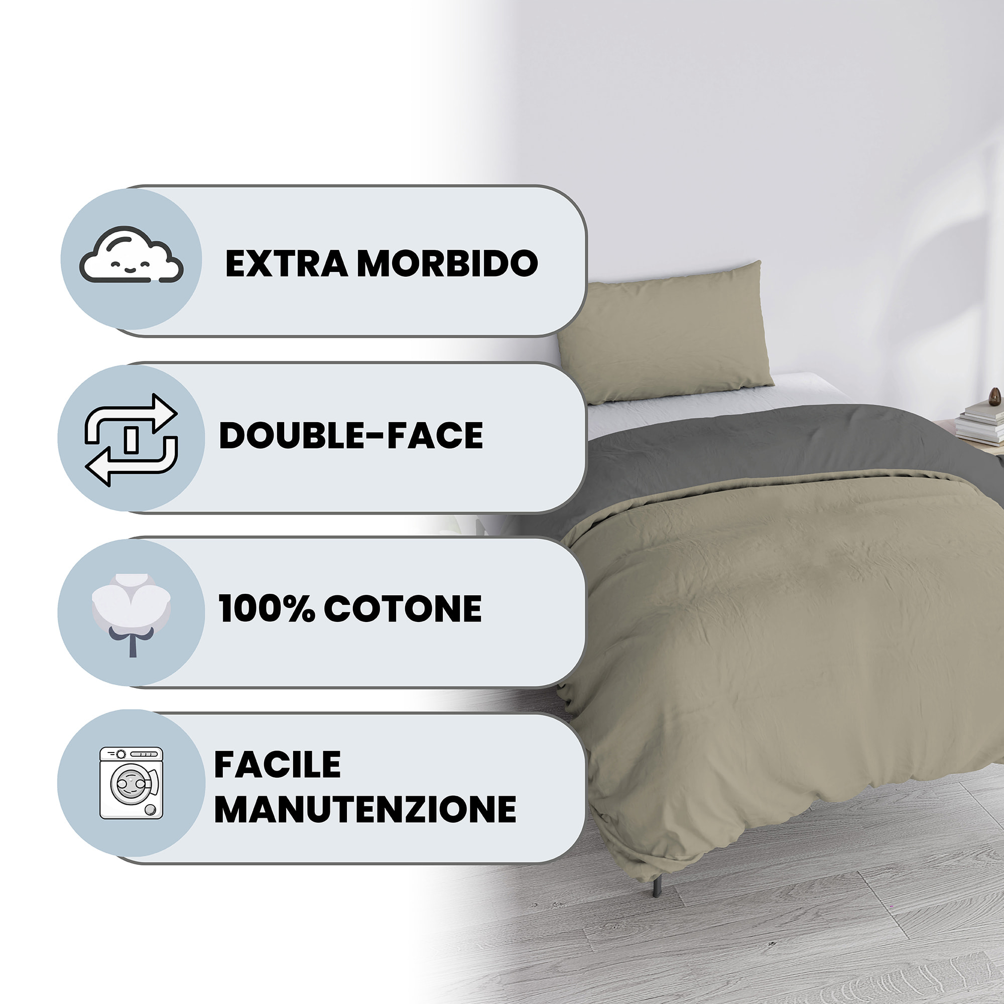 PARURE COPRIPIUMINO NATURAL COLOR PIAZZA E MEZZA - 100% COTONE MADE IN ITALY