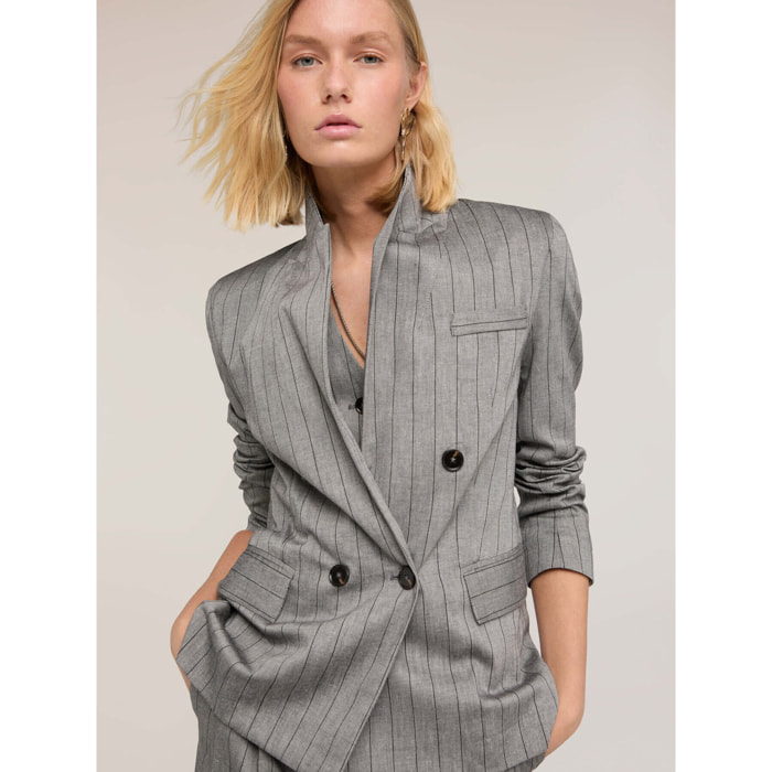 Motivi - Blazer cruzado de rayas diplomáticas en mezcla de lino - Gris