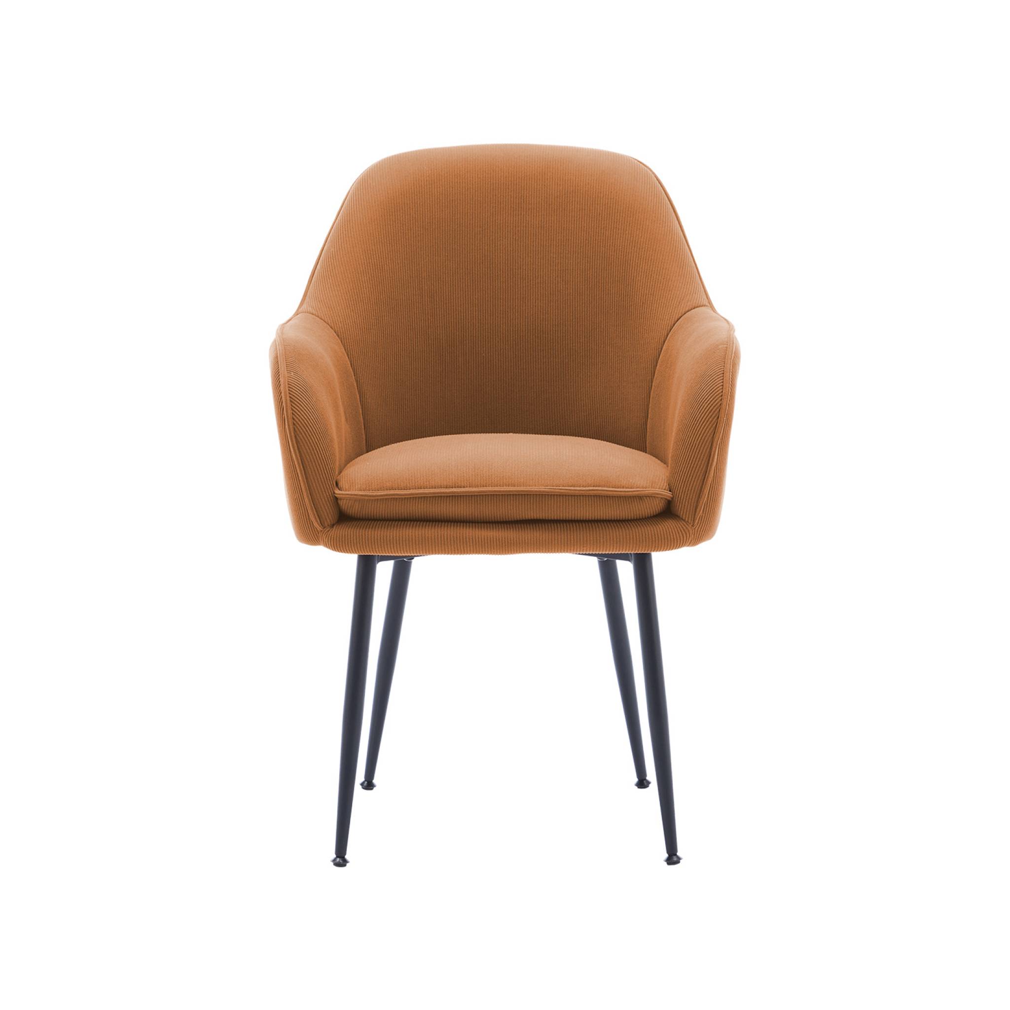 Lot de 2 fauteuils en velours côtelé camel et pieds en métal noir mat. L 57 x P 59 x H 84.5