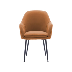 Lot de 2 fauteuils en velours côtelé camel et pieds en métal noir mat. L 57 x P 59 x H 84.5