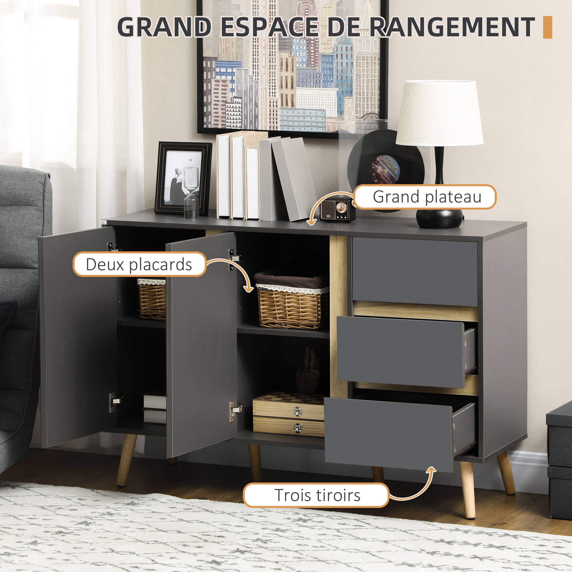 Buffet 2 portes 2 étagères 3 tiroirs design scandinave panneaux particules gris aspect bois clair