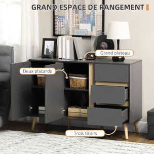 Buffet 2 portes 2 étagères 3 tiroirs design scandinave panneaux particules gris aspect bois clair