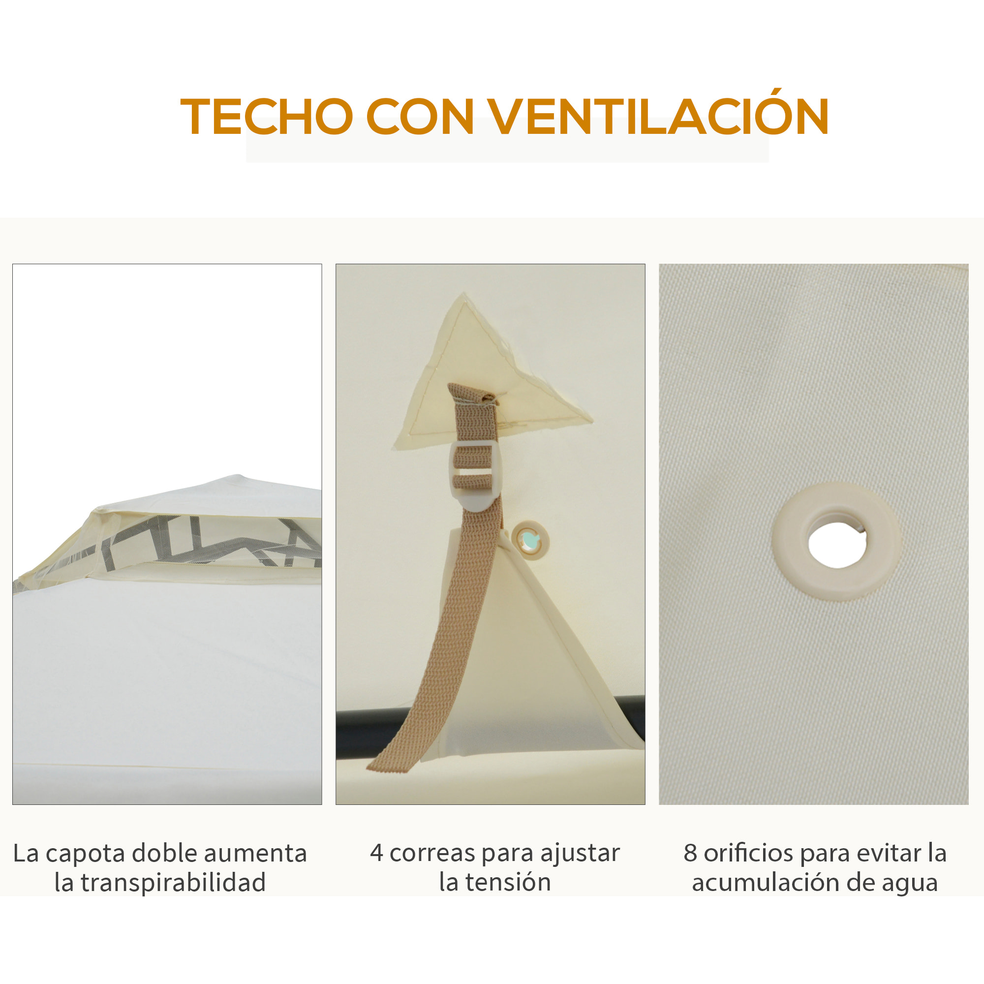 Cenador de Jardín 3x3 m Pabellón de Exterior con Doble Techo de Ventilación 4 Cortinas Mosquiteras Laterales con Cremallera 4 Orificios de Drenaje para Fiestas Patio Crema