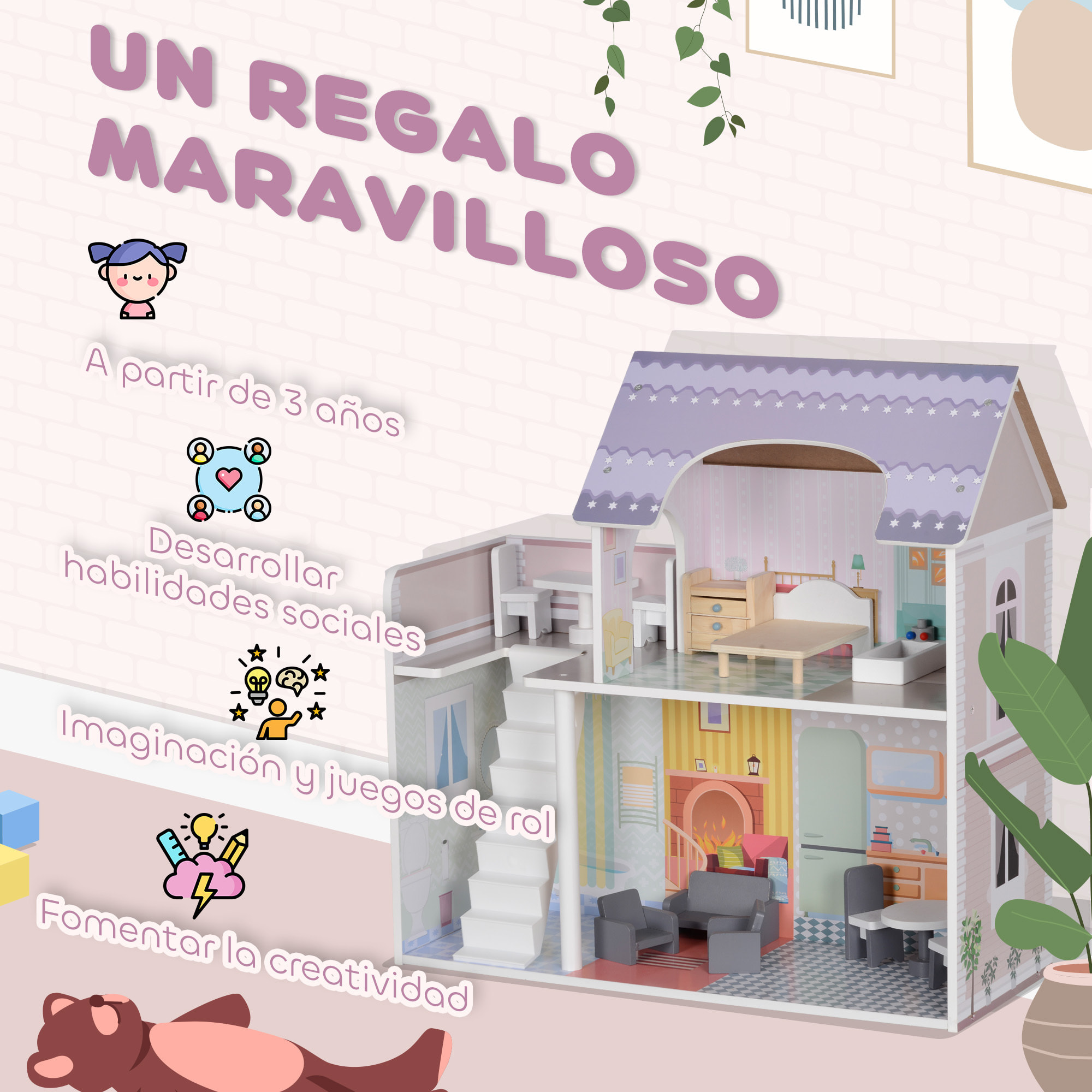 Casa de Muñecas con Muebles y Accesorios Casa de Muñecas de Madera con Balcón 2 Pisos Juguete para Niños y Niñas a Partir de 3 Años Multicolor