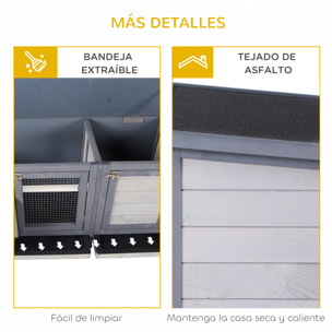 Conejera de Madera, Jaula para Conejos con Techo Asfáltico Abatible, Puertas con Pestillo, Bandejas Extraíbles y Comedero, Conejera para Exterior, 112x50x54 cm, Gris