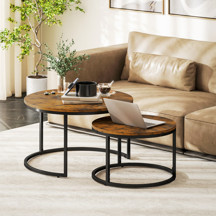 Lot de 2 tables basses rondes gigogne empilables piètement acier noir plateau aspect bois vieilli