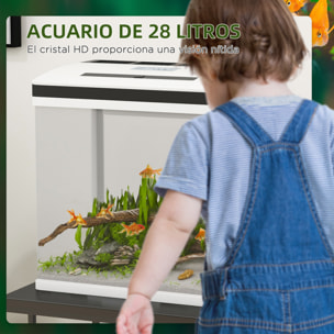 Acuario de Cristal de 28L Pecera Pequeña con Sistema de Filtro Iluminación LED Bomba de Agua 38x26x39,5 cm Blanco