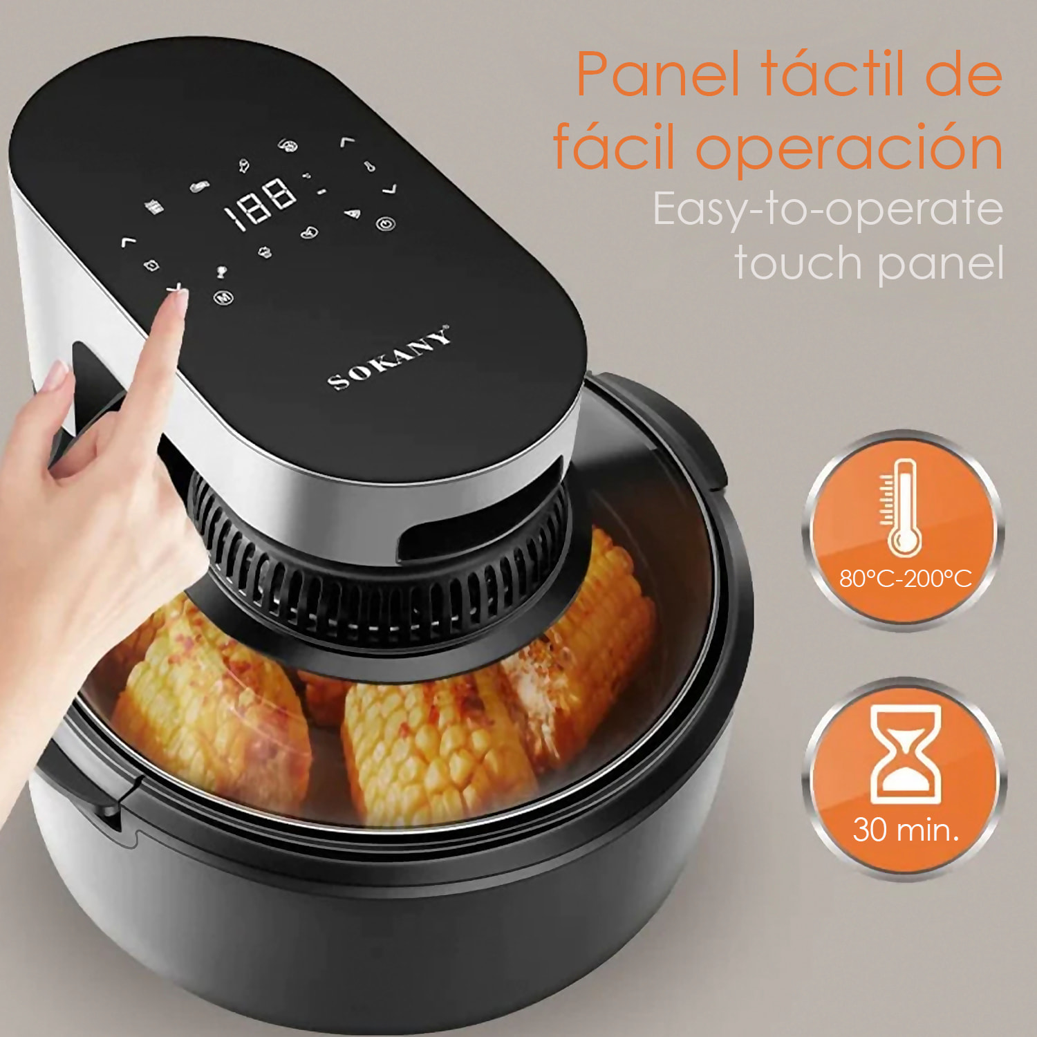 Friggitrice ad aria senza olio 1100w 5,5L pannello LED touch multifunzione. Design esclusivo del vaso con visione a 360°.