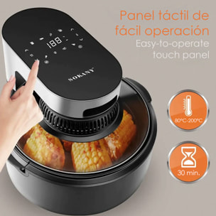 Friggitrice ad aria senza olio 1100w 5,5L pannello LED touch multifunzione. Design esclusivo del vaso con visione a 360°.