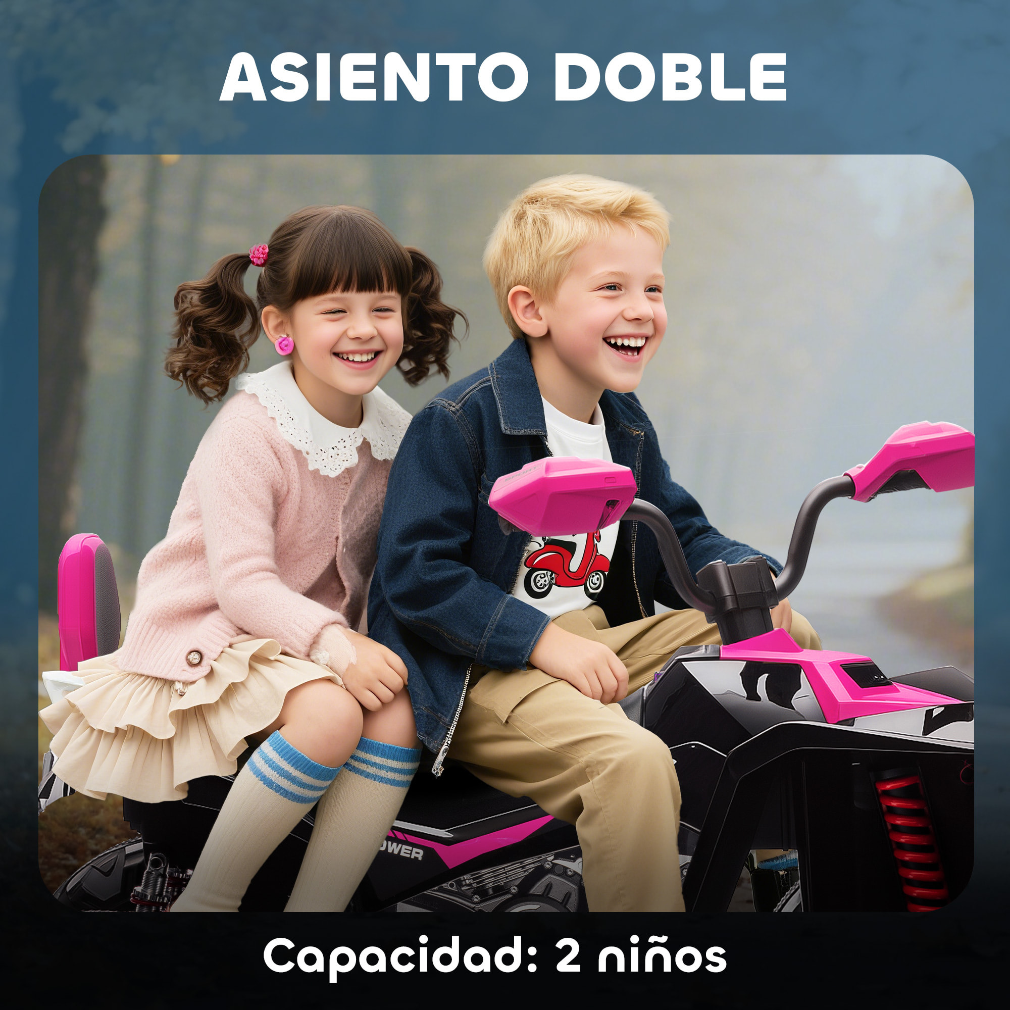 Quad Eléctrico para Niños 24V, Quad para Niños de 3-8 Años de 2 Plazas, con 2 Motores, Velocidad hasta 6,5â€¯km/h, Ruedas con Suspensión, Faros, Bocina, Música, USB, Rosa