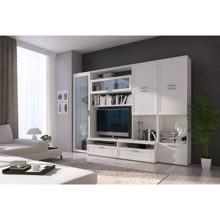 Parete soggiorno con mobile TV e pensili con ante e vani a giorno, 300 x 50 x 215, Bianco