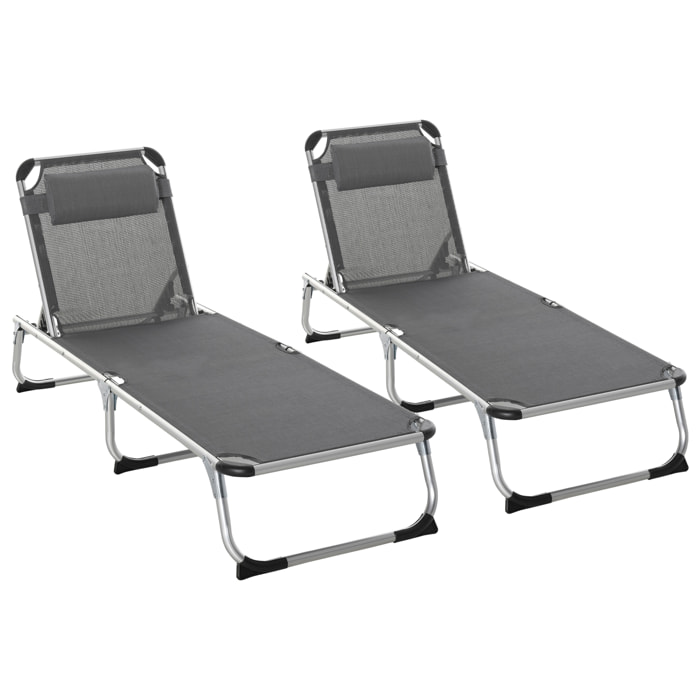 Conjunto de 2 Tumbonas Plegables de Aluminio Tumbonas de Jardín Reclinables con Reposacabezas Extraíble y Respaldo Ajustable en 4 Posiciones para Terraza Piscina Playa 165x60x76 cm Gris