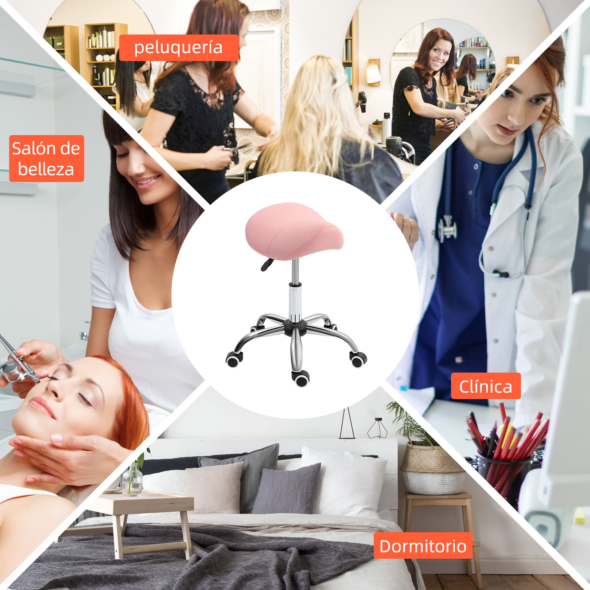 Taburete con Ruedas Taburete Giratorio Cosmético con Altura Ajustable Asiento Acolchado y Amplio Dentista Peluquería Carga 120 kg 52x53x49-61 cm Rosa