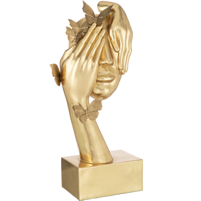 J-Line décoration Visage Papillons Socle - polyrésine - or