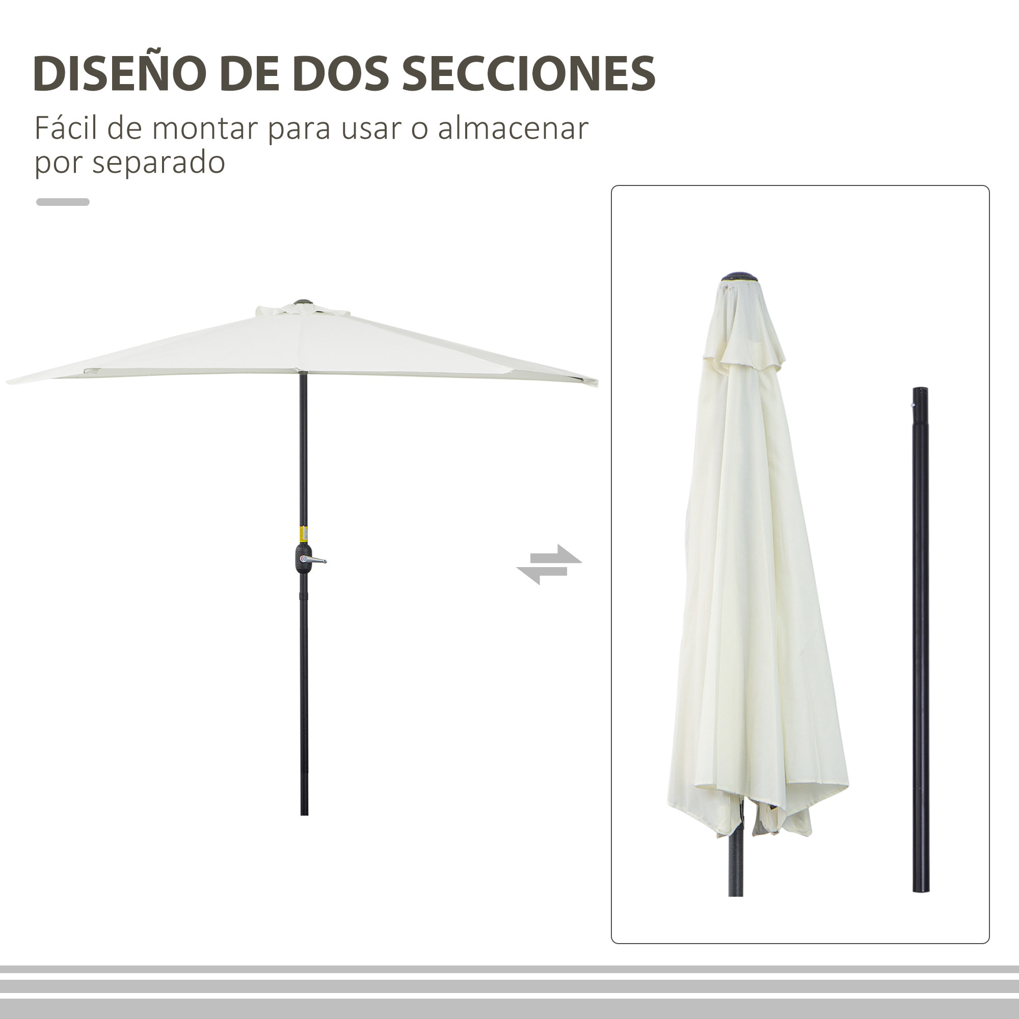 Sombrilla 269x138x236 cm Parasol de Jardín con Manivela y Forma Semicircular para Exterior Terraza Patio Piscina Crema