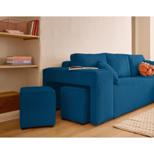 Topaze - canapé d'angle réversible 4 places - convertible avec coffre, tablette et poufs - en velours côtelé - Bleu