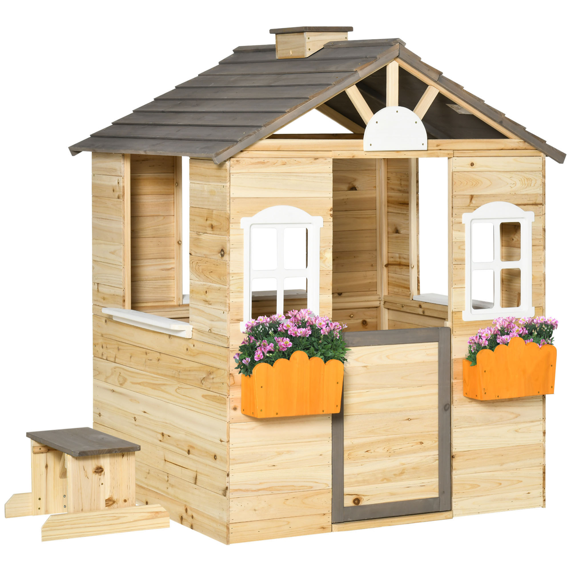 Casa de Jardín Infantil de Madera Casa de Juegos Exterior para Niños de 3 -7 Años con Ventanas 2 Jardineras y 1 Banco 113x94x134,5 cm Natural