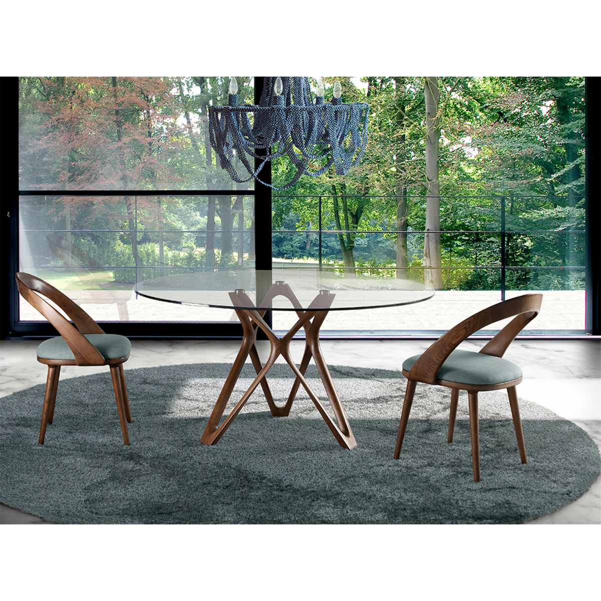 Mesa comedor redonda con tapa de cristal templado y patas en madera maciza de fresno en nogal 130x130x75cm