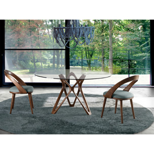 Mesa comedor redonda con tapa de cristal templado y patas en madera maciza de fresno en nogal 130x130x75cm