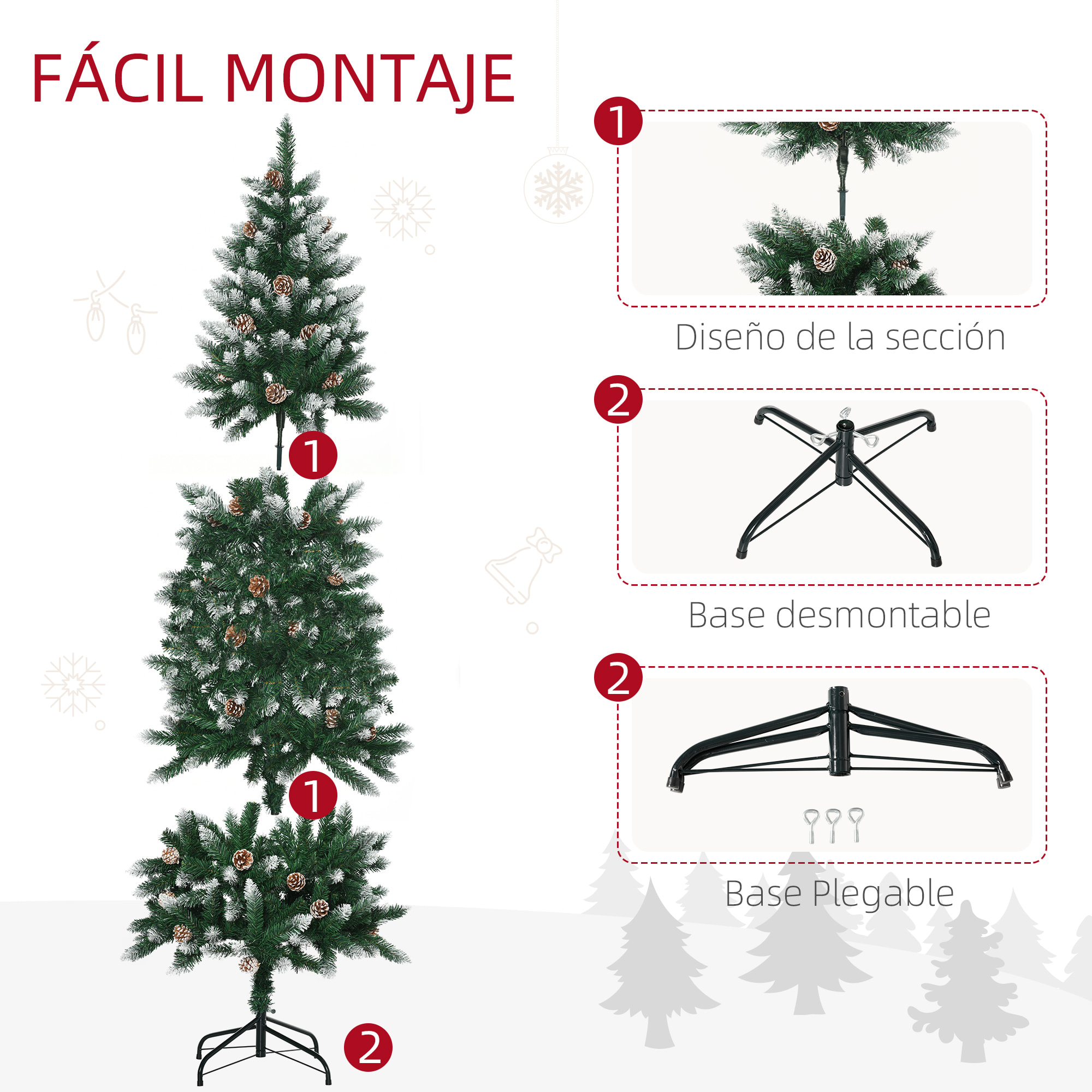 árbol de Navidad Artificial de Nieve 180 cm con 508 Ramas Realistas 49 Piñas Base Plegable y Soporte de Acero para Decoración de Interiores Ø73x180 cm Verde Blanco