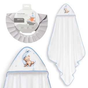 Capa Baño 1X1 Mod Estampado Oso Luna Estrellas+Gorro Bco/Azul