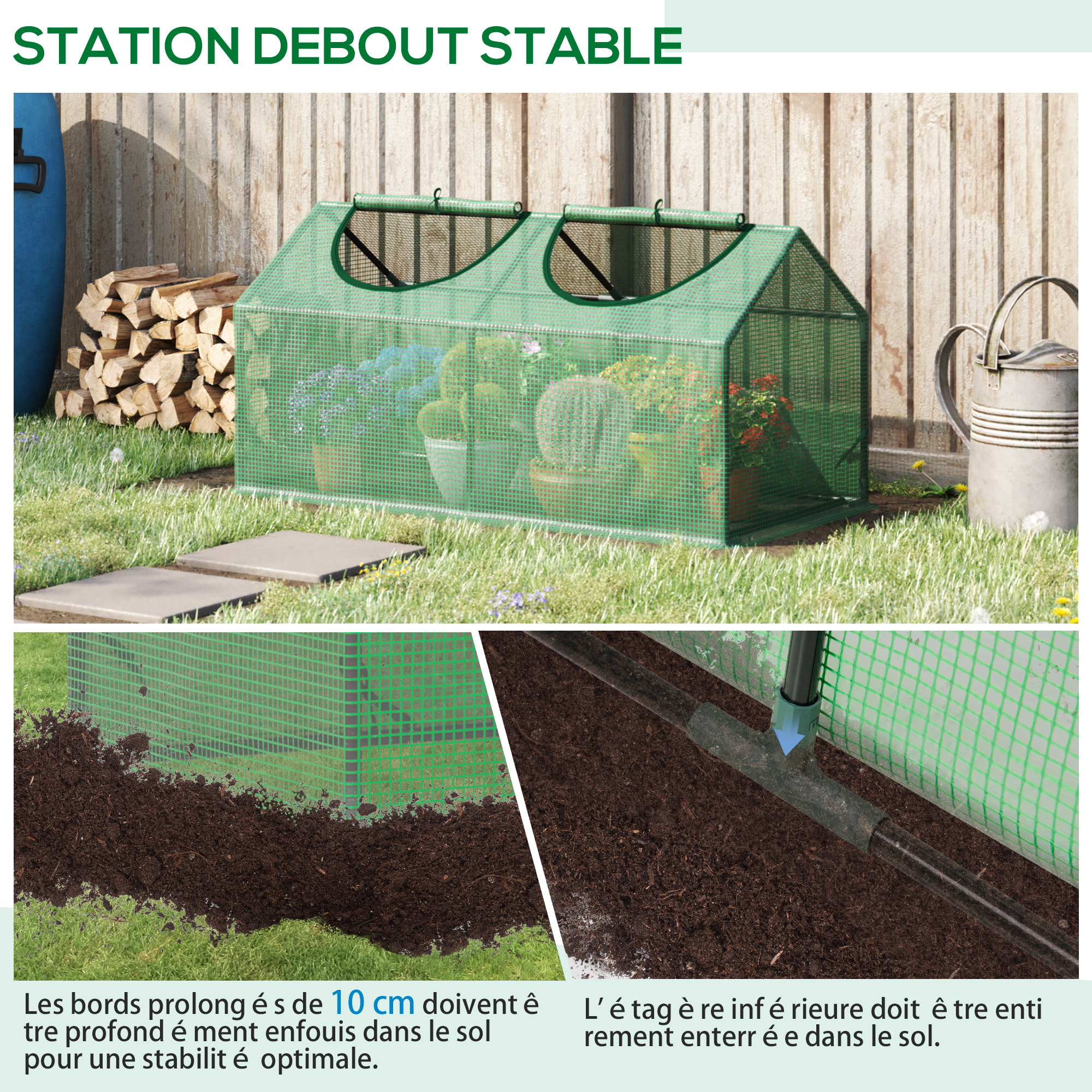 Mini serre de jardin serre à tomates 120 x 60 x 60 cm 2 fenêtres zippées enroulables acier thermolaqué PE haute densité vert