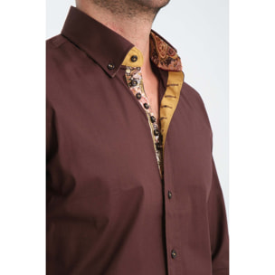 Camicia Uomo 1 Bottoni Button Down Slim Popeline Stretch Unito Marrone