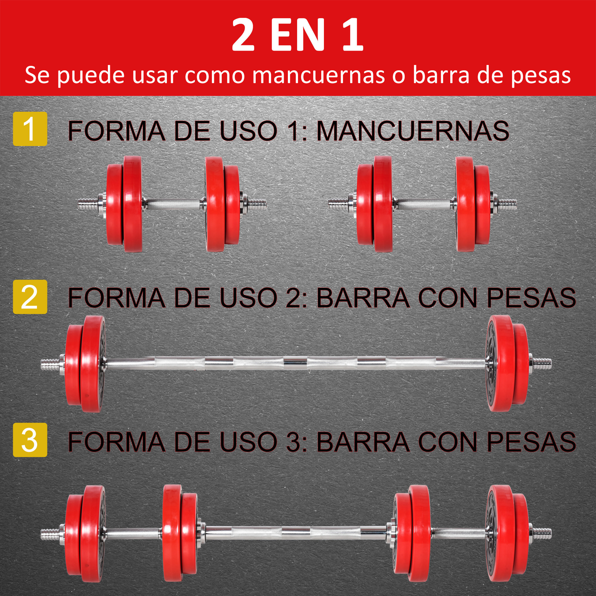 Juego de Mancuernas 20 kg Ajustables 2 en 1 con 8 Discos Barras Biela Ajustable