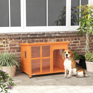 PawHut Caseta para Perros Exterior Casa para Perros Pequeños y Medianos con Techo Asfáltico Abatible Puerta con Cortina Panel Frontal Transparente y Base Extraíble 90x62x71 cm Natural