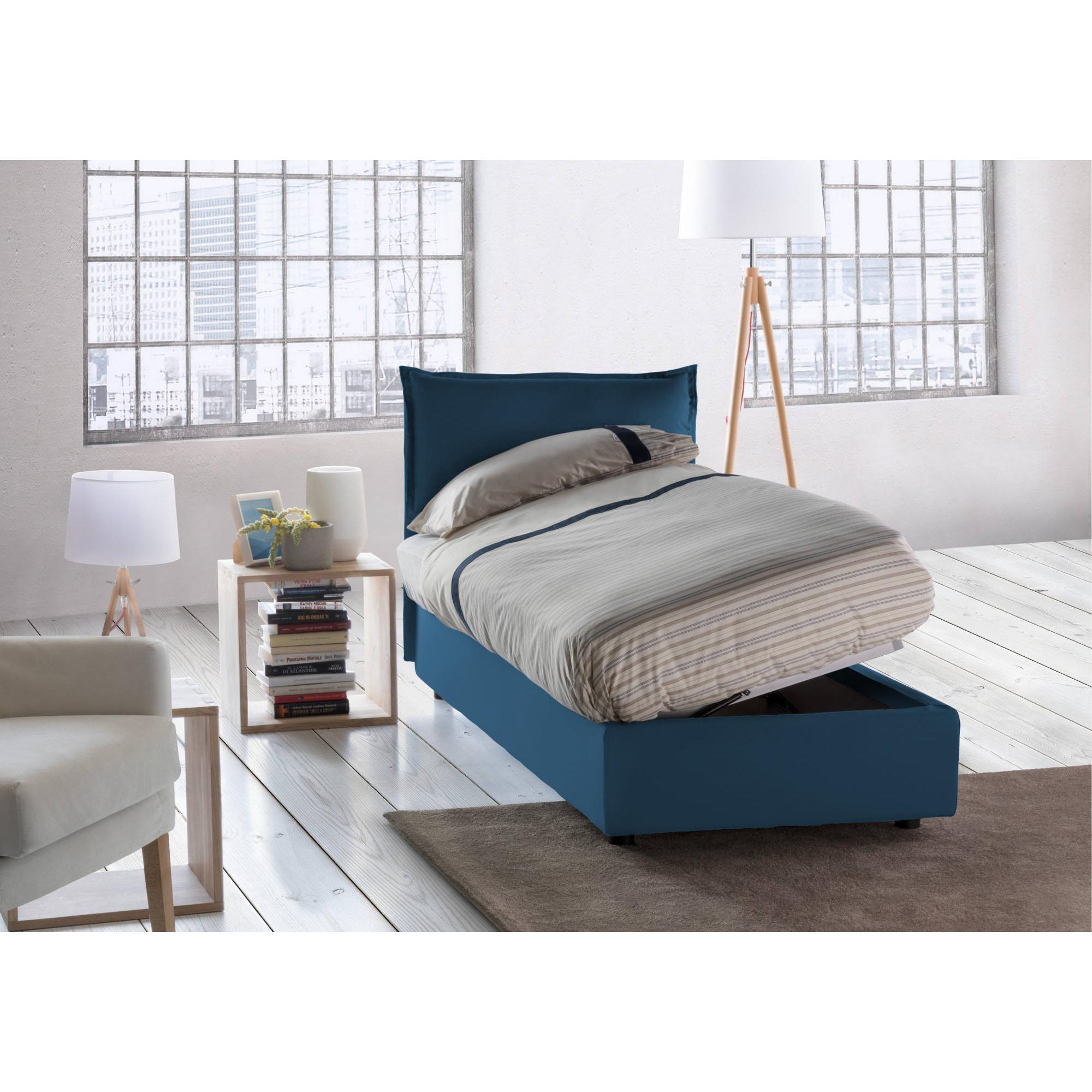 Letto singolo Penelope, Letto contenitore con rivestimento in tessuto, 100% Made in Italy, Apertura frontale, con materasso Cm 90x190 incluso, Blu