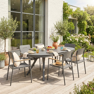 Table de jardin ovale extensible aluminium + 6 assises METORA + FIRA