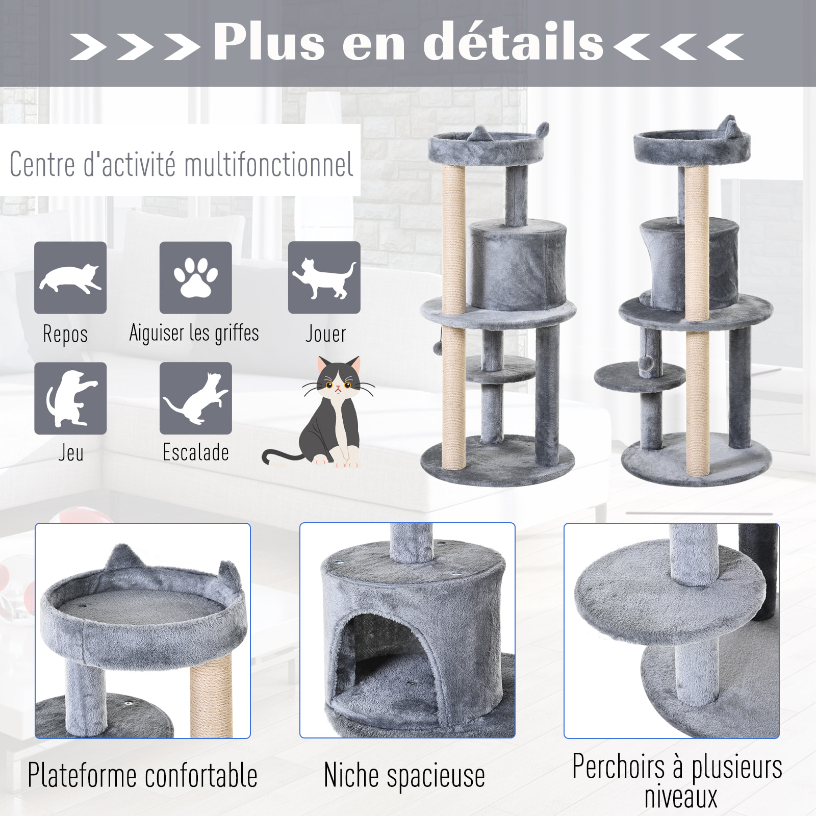 Arbre à chats multi-équipements griffoirs grattoirs plateformes niche jeu boule suspendue Ø 48 x 104H cm gris