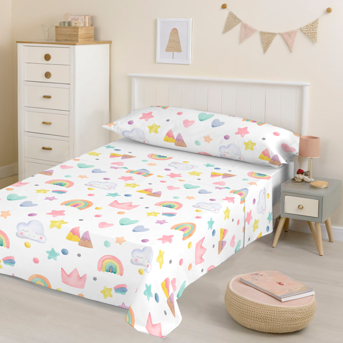 Cool Kids - Juego de Sábanas Estampadas - Infantil - Incluye 1 Funda de Almohada + 1 Sábana Bajera - 100% Algodón - Confetti