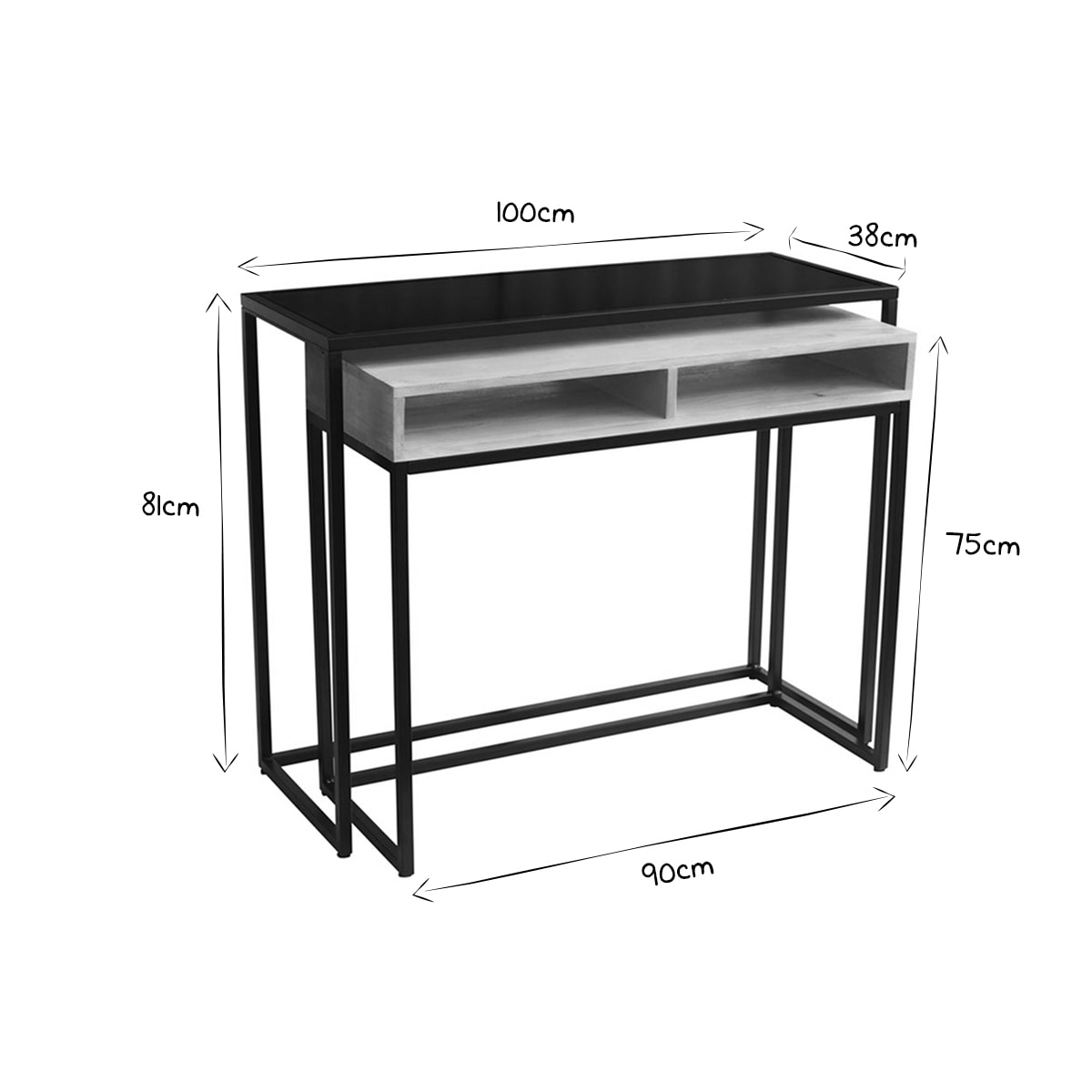 Console bureau d'appoint avec rangements casiers en bois manguier massif et métal noir L100 cm YPKA