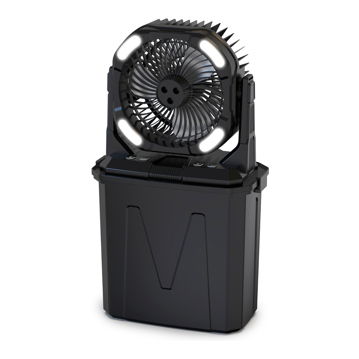 Ventilatore con 4 velocità, 4 modalità spray e luci RGB con modalità diverse, serbatoio da 9L, timer e telecomando. Include power bank 10.000mAh, 6W e vento max. 5,2 m/s.