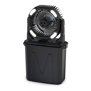 Ventilatore con 4 velocità, 4 modalità spray e luci RGB con modalità diverse, serbatoio da 9L, timer e telecomando. Include power bank 10.000mAh, 6W e vento max. 5,2 m/s.