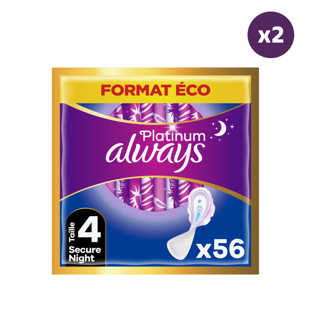 2x56 Serviettes Hygiéniques Always Platinum - Secure Night