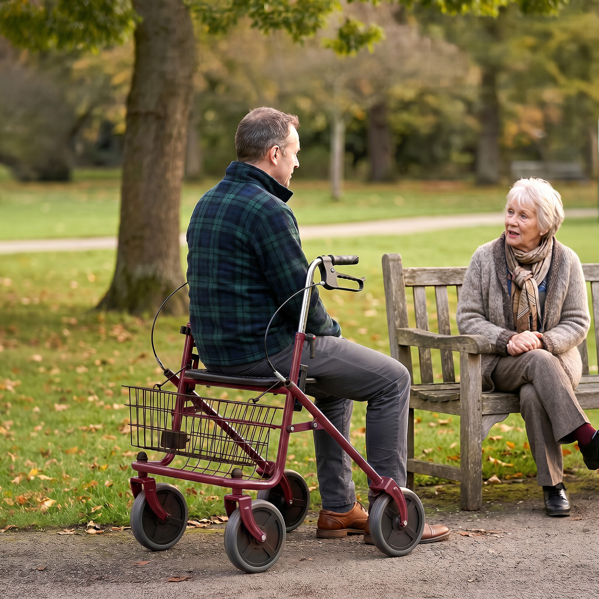 Andador para Ancianos Plegable, Andadores Adultos para Personas Mayores con Asiento y 4 Ruedas Altura Ajustable Frenos de Maneta Cesta Bandeja y Porta Bastón Rojo Vino