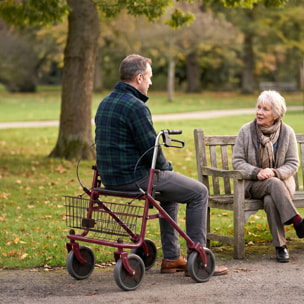 Andador para Ancianos Plegable, Andadores Adultos para Personas Mayores con Asiento y 4 Ruedas Altura Ajustable Frenos de Maneta Cesta Bandeja y Porta Bastón Rojo Vino