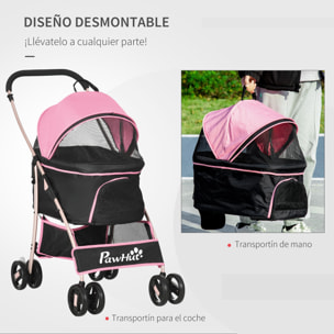 3 en 1 Cochecito para Mascotas Carrito para Perros y Gatos Desmontable Bolsa de Transporte Plegable con Cesta de Almacenaje y Frenos Tela Oxford 600D Carga 15 kg 82x49,5x98 cm Rosa