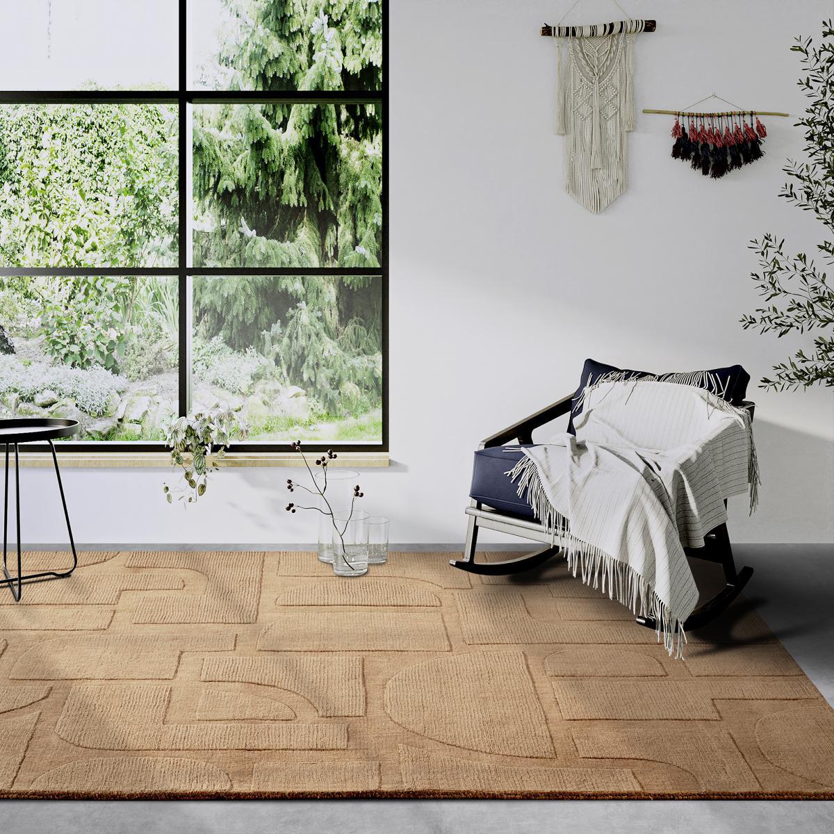 Tapis salon motif géométrique, laine tissée main, ziya authentique