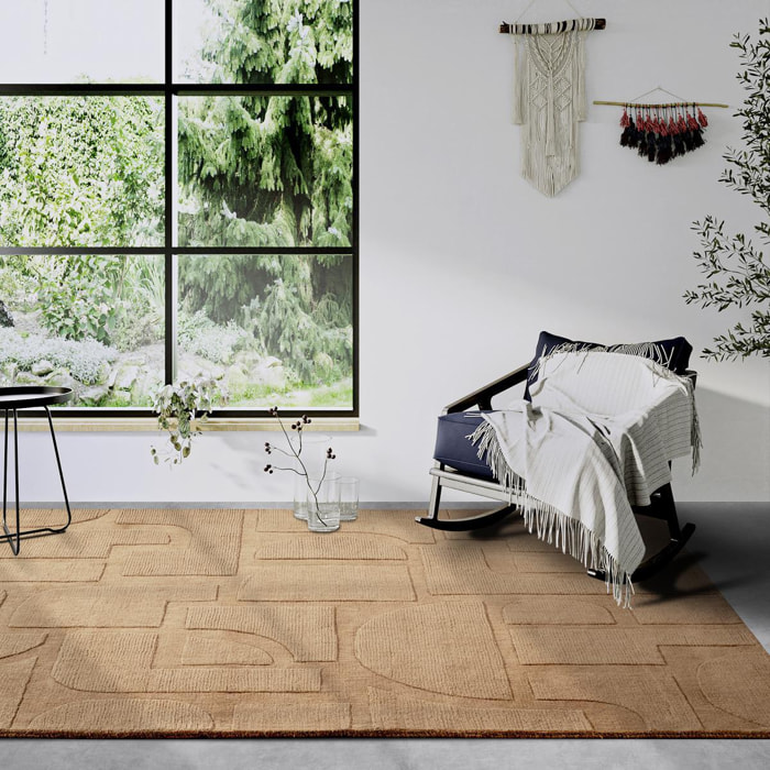 Tapis salon motif géométrique, laine tissée main, ziya authentique