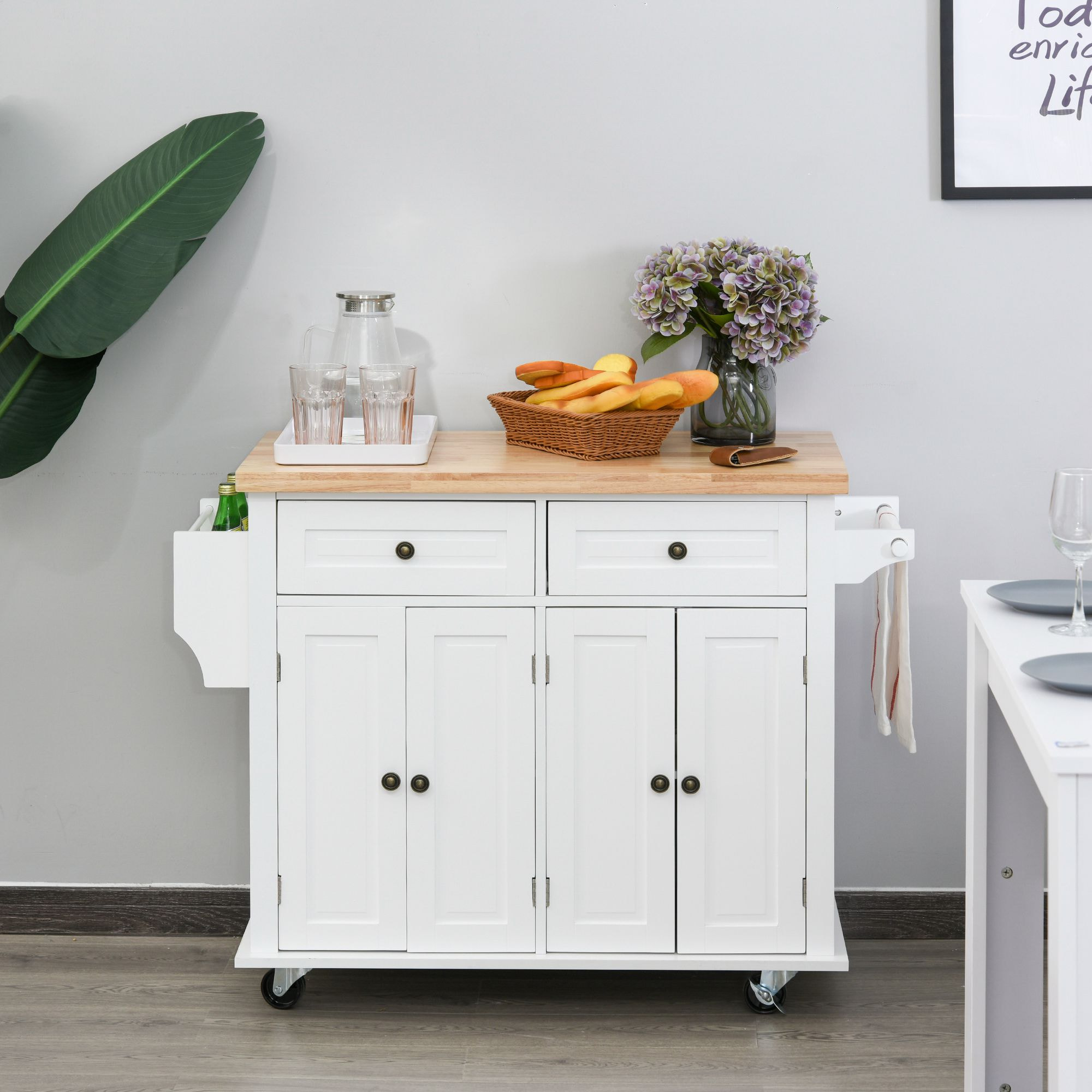 Desserte de cuisine multi rangements 2 tiroirs 2 placard 2 portes avec étagère range-bouteille porte-torchons MDF blanc hévéa