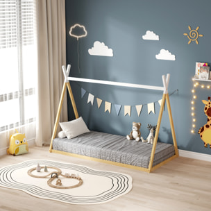Lit Tipi 90 x 190 cm, couleur Blanc & Bois, En Bois de Pin Naturel, Robustesse et Durabilité, Stimule l'Imagination des Enfants